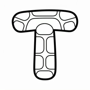 Una grande lettera T spessa con all'interno forme rettangolari arrotondate che creano un effetto tartaruga. Il disegno ha contorni molto marcati su fondo bianco.