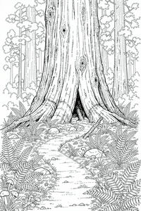 Disegno a linea in bianco e nero di una sequoia alta con intricati motivi di corteccia, suolo forestale coperto di felci e un sentiero sinuoso che conduce alla base dell'albero