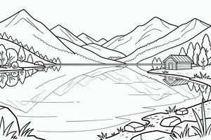 Ein ruhiges Ausmalbild mit einem großen Bergsee und einer kleinen Hütte am rechten Ufer. Das klare Wasser spiegelt die hohen, zerklüfteten Berggipfel und den Wald wider. Im Vordergrund sind Steine und Grashalme unter einem wolkenlosen Himmel zu sehen.