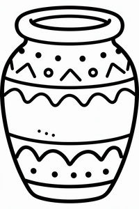 Gambar garis hitam putih dari pot tanah liat bundar. Pot ini dihiasi dengan berbagai pola horizontal termasuk deretan titik, garis bergelombang, dan segitiga kecil. Garis tepinya tebal dan jelas.