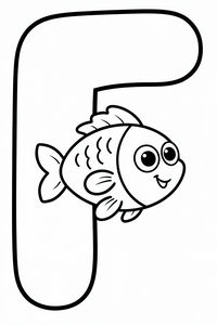 Una grande lettera F arrotondata con un grazioso pesce dei cartoni animati che nuota al suo interno. Il pesce ha grandi occhi e un sorriso amichevole con contorni neri chiari.
