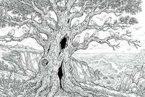 Desenho de linha detalhado de uma árvore velha e nodosa com muitos ramos à beira de uma arriba. Várias gaivotas estão pousadas e a voar por perto. Ao fundo, vê-se um mar agitado e uma aldeia distante sob um céu nublado.