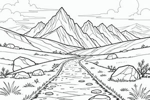Un disegno in bianco e nero di un sentiero di pietra sinuoso che attraversa una valle verso cime montuose frastagliate. Grandi rocce e ciuffi d'erba sono in primo piano.