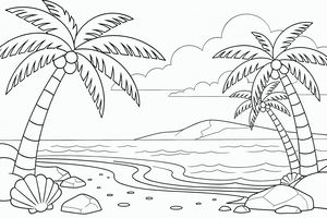Una scena di spiaggia tropicale da colorare con palme che si flettono su onde dolci. Una grande conchiglia e rocce levigate si trovano sulla sabbia in primo piano con un'isola lontana.