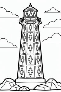 Ein hoher Leuchtturm steht auf spitzen Klippen, umgeben von großen, schlichten Wolken. Der Turm ist in ein Gittermuster unterteilt, mit einer vertikalen Reihe rautenförmiger Fenster in der Mitte.