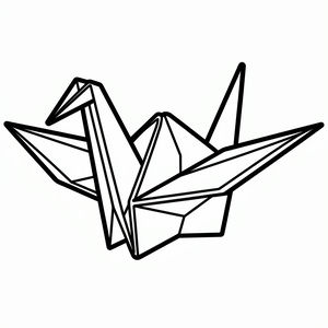 Una grande gru di carta origami con spessi contorni neri e linee di piegatura geometriche. L'uccello è raffigurato di profilo con le ali spiegate.