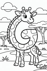 Una giraffa sorridente con macchie decorative forma la lettera G con il suo lungo collo curvo. La giraffa si trova in una savana con alberi e nuvole sullo sfondo.