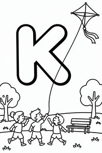Velké bublinové písmeno K se vznáší ve vzduchu, spojené dlouhým provázkem s drakem s mašlemi. Dole v parku se stromy a lavičkou běhají tři děti.