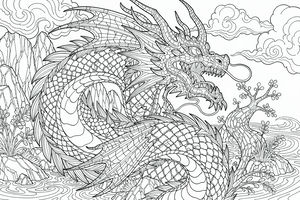 Un disegno a tratteggio dettagliato di un drago serpentino con scaglie a mosaico che emerge dall'acqua. Lo sfondo include scogliere, nuvole vorticose e un albero decorativo in stile vetrata.
