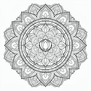 Un mandala simmetrico in bianco e nero con un piccolo fiore di loto proprio al centro. Il disegno circolare è composto da diversi anelli di petali ornati e piccoli cerchi che diventano più grandi verso il bordo.