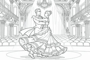 Un uomo in smoking e una donna in un ampio abito da ballo danzano insieme in un elegante teatro con colonne e un grande lampadario.