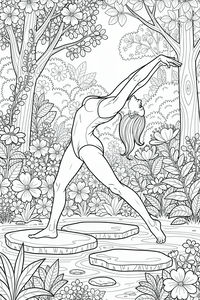 Detailed line art coloring page of a modern dancer in a leotard performing a backbend. She is standing on large flat stones in a shallow pond surrounded by dense flowers and trees in a forest garden.