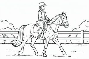 Desenho de contorno de um jovem cavaleiro com capacete e colete montado num cavalo num picadeiro. O cavalo caminha junto a uma cerca de madeira.