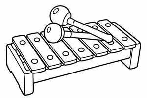 Un disegno al tratto in bianco e nero di uno xilofono giocattolo con otto tavolette e due mazzuoli rotondi. L'immagine ha contorni spessi adatti ai bambini su sfondo bianco.