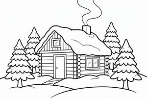 Uma encantadora cabana de madeira com fumo a sair da chaminé numa floresta nevada. Pinheiros grandes com neve nos ramos rodeiam a casa e um manto de neve cobre o telhado.