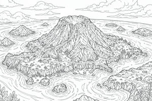 Una vista aerea di una grande isola vulcanica con un cratere profondo e sinuosi sentieri di montagna. L'isola principale è circondata da diversi isolotti nell'acqua, con nuvole dettagliate che riempiono la parte superiore della scena.