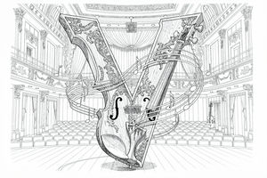 Disegno in bianco e nero di una lettera V ornata con corde di violino avvolte intorno e note musicali fluttuanti in uno sfondo dettagliato di sala da concerto con colonne e pavimento a scacchi
