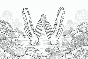 A letra W é construída a partir de grandes vértebras e costelas de baleia no fundo do mar. Ao redor da letra esquelética estão vários tipos de coral, várias estrelas-do-mar e conchas entre rochas subaquáticas.