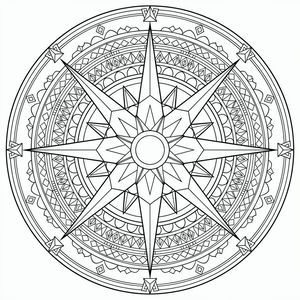 Um desenho linear simétrico em preto e branco de uma mandala de rosa-dos-ventos. As pontas centrais da estrela são cercadas por círculos concêntricos cheios de formas geométricas.
