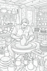 Gambar garis detail seorang pria duduk di roda tembikar, membentuk vas tanah liat tinggi dengan tangannya. Studio ini memiliki dinding bata, balok kayu, dan banyak rak berisi keramik.