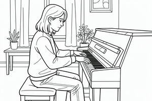 Un disegno al tratto di una donna con i capelli alle spalle seduta a un pianoforte verticale in un soggiorno. Suona con entrambe le mani sui tasti. Lo sfondo include piante in vaso, una finestra con tende e un quadro alla parete.