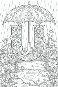 Un disegno dettagliato in bianco e nero della lettera U che funge da ombrello floreale su un giardino. Gocce di pioggia cadono dal cielo mentre margherite e fiori selvatici crescono sotto la copertura decorata.
