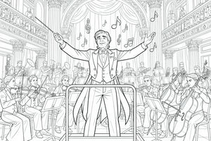 Un disegno da colorare di un direttore d'orchestra in smoking che dirige musicisti in una sala maestosa. Simboli musicali fluttuano sopra i violinisti e i violoncellisti. Sullo sfondo si notano colonne e decorazioni classiche.