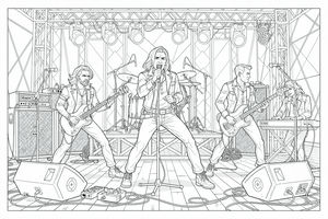 Disegno dettagliato di una rock band sul palco. Il cantante è al centro con il microfono, affiancato da chitarristi e un tastierista. La scena include attrezzature realistiche come fari, altoparlanti, monitor e cavi.