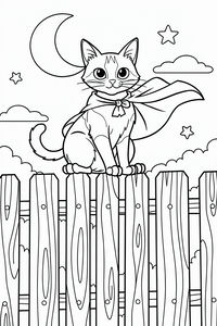 Eine Siamkatze mit Superheldencape sitzt nachts auf einem Lattenzaun aus Holz. Hinter der Katze sieht man eine große Mondsichel, Sterne und flauschige Wolken am klaren Nachthimmel.