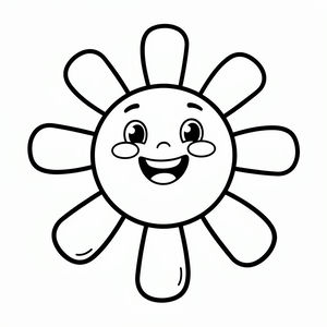 Un semplice disegno in bianco e nero di un sole che sorride. Il sole ha un viso tondo con grandi occhi espressivi, guance paffute e una bocca felice, circondato da grossi raggi arrotondati.