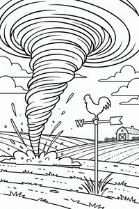 Schwarz-Weiß-Zeichnung eines großen, wirbelnden Tornados, der auf einem Feld aufsetzt. Im Vordergrund steht eine Wetterfahne mit einem Hahn, während eine Scheune und Wolken in der Ferne zu sehen sind.