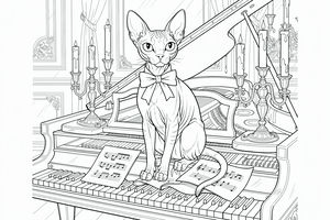 Detailní čárová kresba kočky sphynx s velkým motýlkem sedící na klavírním křídle. Kočka je obklopena svícny a notovými zápisy. Pozadí tvoří klasické nástěnné lišty a závěsy.