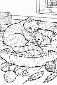 Ilustração detalhada de uma mamã gata e do seu gatinho sentados juntos numa cama fofa para animais. O chão à volta está cheio de brinquedos como novelos de lã e penas, vendo-se uma planta num parapeito de janela ao fundo.