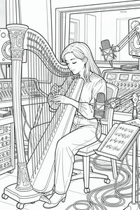 Detaljan crtež žene koja svira veliku harfu u profesionalnom studiju za snimanje. Sjedi uz instrument okružena mikrofonima, miksetama i kablovima.