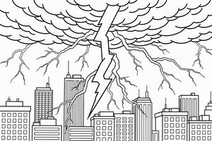 Ein gewaltiger, gezackter Blitz schlägt aus schweren Gewitterwolken über einer dichten Skyline ein. Kleinere elektrische Verästelungen breiten sich über den Wolkenkratzern mit ihren vielen Fenstern und Antennen aus.