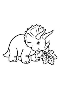 Přátelský triceratops se silnými černými obrysy žvýká listnatou větvičku. Dinosaurus má velký límec a tři rohy, je nakreslen v jednoduchém stylu na bílém pozadí.