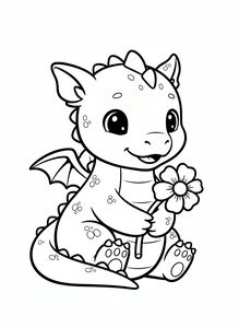 Un simpatico baby drago con piccole ali e pelle maculata siede a terra tenendo un grande fiore. Ha un sorriso dolce e grandi occhi scintillanti, realizzato in uno stile lineare pulito in bianco e nero.