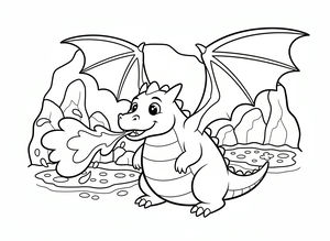 Un dragon prietenos cu aripi late și burtă în dungi scoate un nor de foc. Dragonul stă într-o peșteră cu stânci mari și mici lacuri vulcanice în fundal. Liniile sunt groase și clare, cu spații mari pentru colorat.