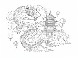 Detaillierte Strichzeichnung eines chinesischen Drachen mit Schuppen und Barthaaren, der sich durch wirbelnde Wolken windet. Eine traditionelle Pagode steht im Zentrum, während Papierlaternen im Hintergrund schweben.