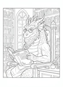Um dragão sábio com barba e óculos senta-se numa grande cadeira de madeira a ler um livro ornamentado. Está rodeado por estantes do chão ao teto num escritório. Uma pena e um tinteiro estão numa mesa lateral enquanto uma lua crescente é visível através de uma janela gótica.