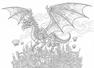 Um desenho detalhado de um dragão steampunk mecânico usando cartola e óculos. Voa sobre uma cidade cheia de engrenagens, torres e pequenos dirigíveis. As asas do dragão são construídas com placas de metal e tubos.