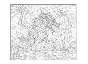 Detailliertes Ausmalbild eines mächtigen Eisdrachen inmitten von verschneiten Bergen und Tannen. Der Drache stößt einen eisigen Windstoß voller filigraner Schneeflocken aus. Im Hintergrund sind ein gefrorener Fluss und wirbelnde Polarlichter am Himmel zu sehen.