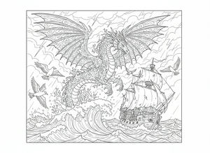Arte em linhas de um dragão-do-mar com grandes asas emplumadas e padrões ornamentados saltando de ondas tempestuosas do oceano, com um navio à vela e aves marinhas voando na cena