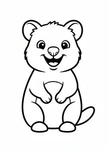 Un semplice disegno a linee di un quokka felice seduto sulle zampe posteriori con un ampio sorriso. Il personaggio ha orecchie tonde e piccole zampe con spessi contorni neri.