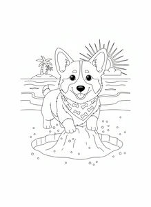 ŠťAstný pes corgi s ozdobným šátkem stojí u čerstvě vyhrabané hromady písku na tropické pláži. V pozadí zapadá slunce nad oceánem u malého ostrova s palmami.