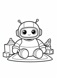 Kamarádský malý robot s velkýma očima a helmou sedí na malém koberci. Kolem něj jsou různé hračky včetně stavebnice, věže a malé rakety. Obrázek má tlusté černé obrysy a jednoduché tvary.