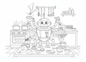 Přátelský kulatý robot s mnoha mechanickými rameny stojí v kuchyni. Drží misky a lžíce, zatímco za ním na sporáku páří hrnce. Kuchyně je plná detailů jako váleček na těsto, odměrky a náčiní visící na věšáku.