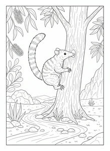 Pruhovaný numbat s huňatým ocasem a ostrými drápy šplhá po kmeni stromu. V pozadí protéká malý potok mezi skalnatými břehy a australskou flórou pod jasnou oblohou.