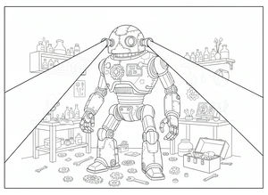 Velký steampunkový robot s ozubeným kolem na hrudi stojí v dílně. Světelné paprsky svítí z jeho očí do místnosti plné nářadí, kufříku na nářadí a laboratorních lahví na zdi. Robot má kopulovitou hlavu a viditelné mechanické klouby.