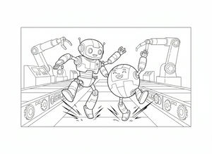 Dva veselí roboti, jeden humanoidní a jeden kulatý, spolu tančí na tovární lince. V pozadí se tyčí velká mechanická ramena a od nohou robotů odlétají drobné jiskry. Roboti mají přátelské úsměvy a jsou obklopeni tlačítky a ozubenými koly.